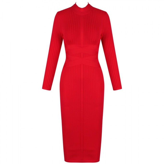 Round Neck Long Sleeve Striped Over Knee Bandage Dress PF1201