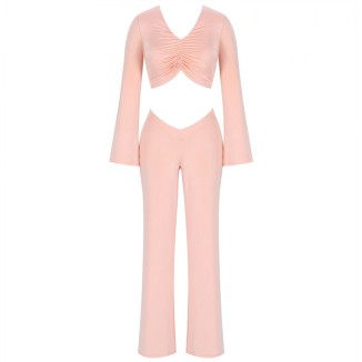 V Neck Long Sleeve Midriff Bodycon Set