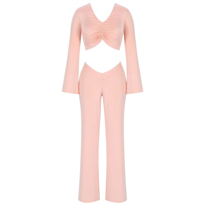 V Neck Long Sleeve Midriff Bodycon Set