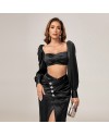 Square Neck Backless Ruched Slit Satin Two-Piece Set