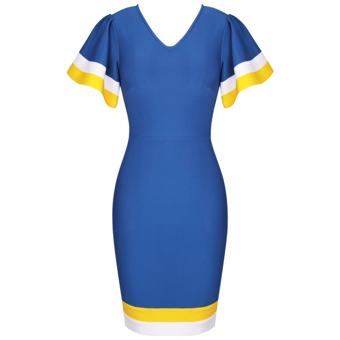 V Neck Short Sleeve Frill Over Knee Bandage Dress PP091911
