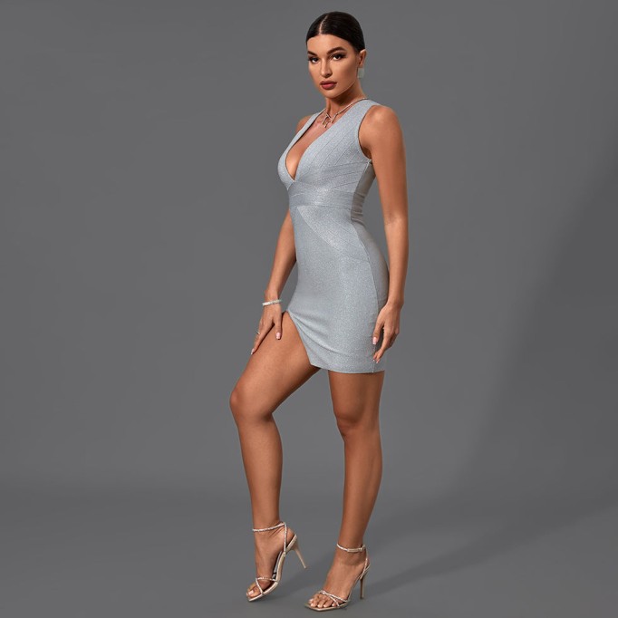 V Neck Sleeveless Slit Mini Bandage Dress