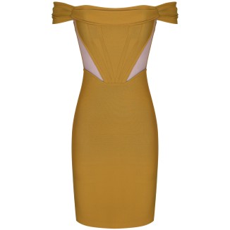 Off Shoulder Short Sleeve Striped Midi Bandage Dress PF21122