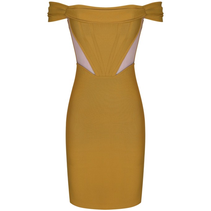 Off Shoulder Short Sleeve Striped Midi Bandage Dress PF21122