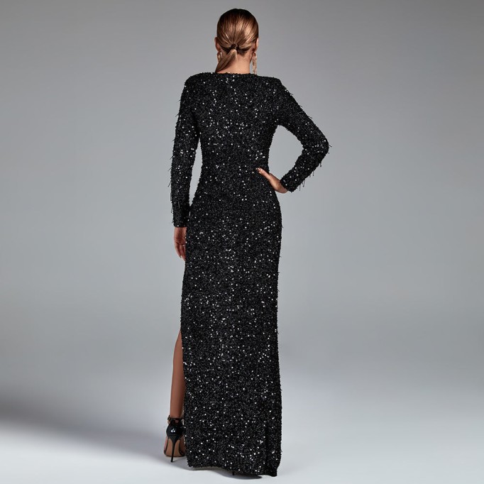 V Neck Long Sleeve Sequined Maxi Prom Dress