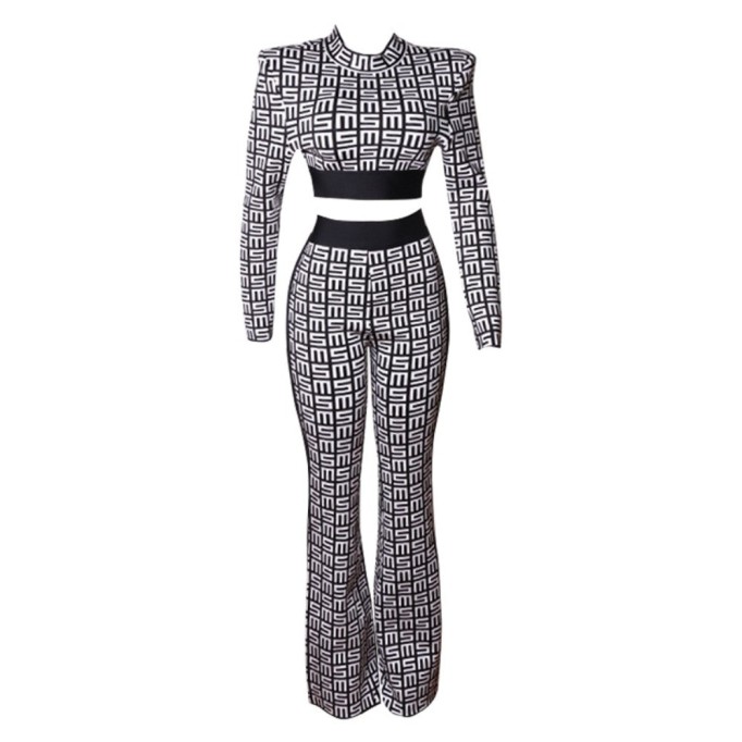 High Neck Long Sleeve Patterned Bandage Set