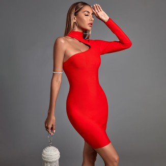 High Neck Asymmetrical Mini Bandage Dress