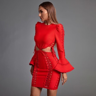 Round Neck Long Sleeve Cut Out Mini Bandage Dress