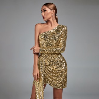 One Shoulder Sequined Mini Bodycon Dress