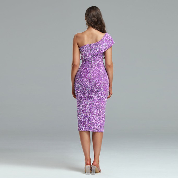 Shoulder Asymmetrical Midi Sequins Dress