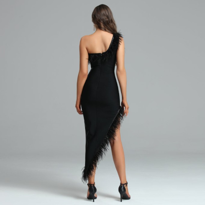 Asymmetrical Feather Trim Bandage Dress