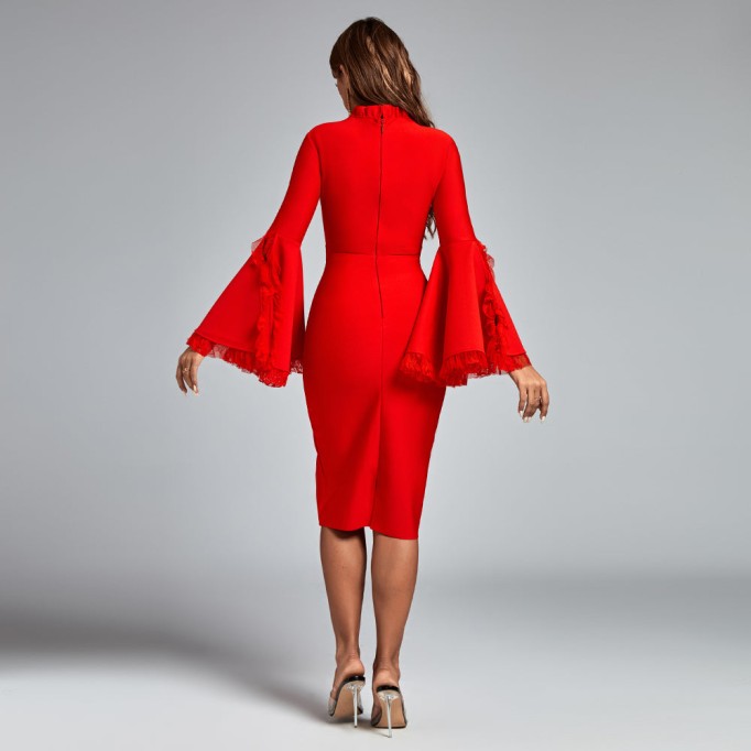 Pagoda Sleeve Lace Midi Bandage Dress
