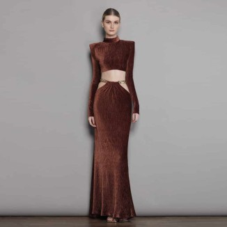 Velour Long Sleeve Exposed Waist Two Piece Set