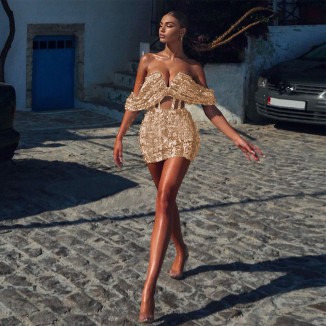 Off Shoulder Short Sleeve Sequined Mini Bodycon Dress HL8983