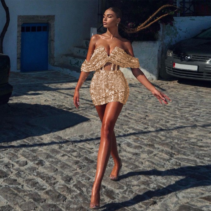 Off Shoulder Short Sleeve Sequined Mini Bodycon Dress HL8983