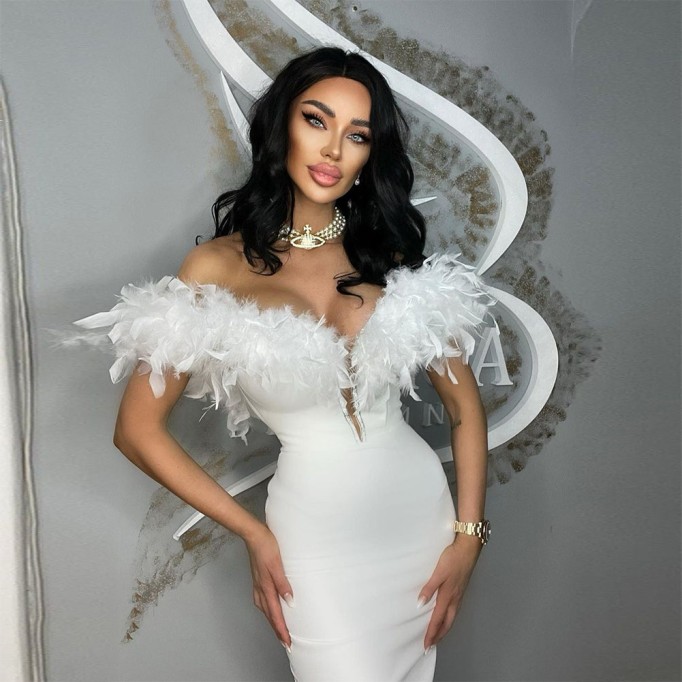 Off Shoulder Feather Midi Bandage Dress HL9275