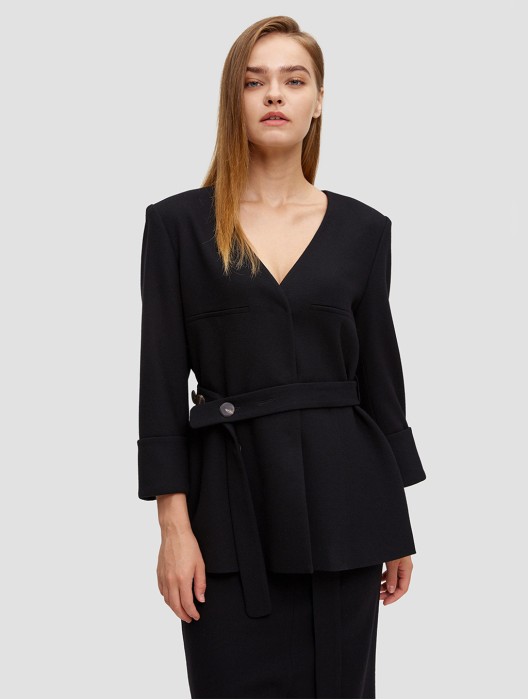 V Neck Belted Wool Coat
