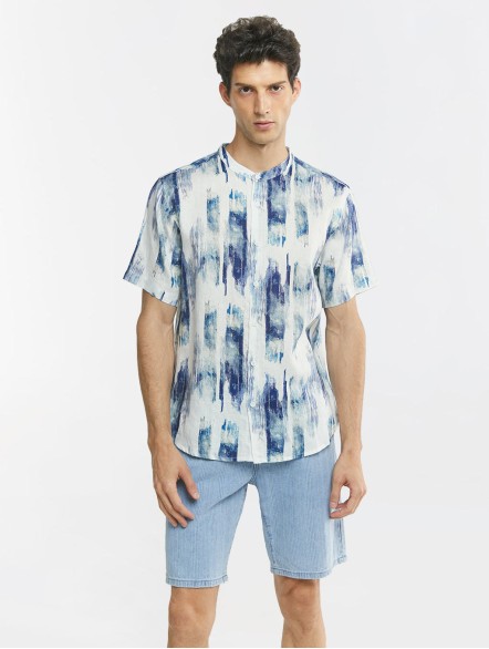 Tie-dye Stand Collar Linen Shirt