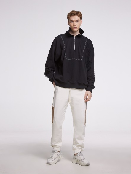 Half-Zip Sweatshirt With Patched Arm Slits Half-Zip Sweatshirt With Patched Arm Slits