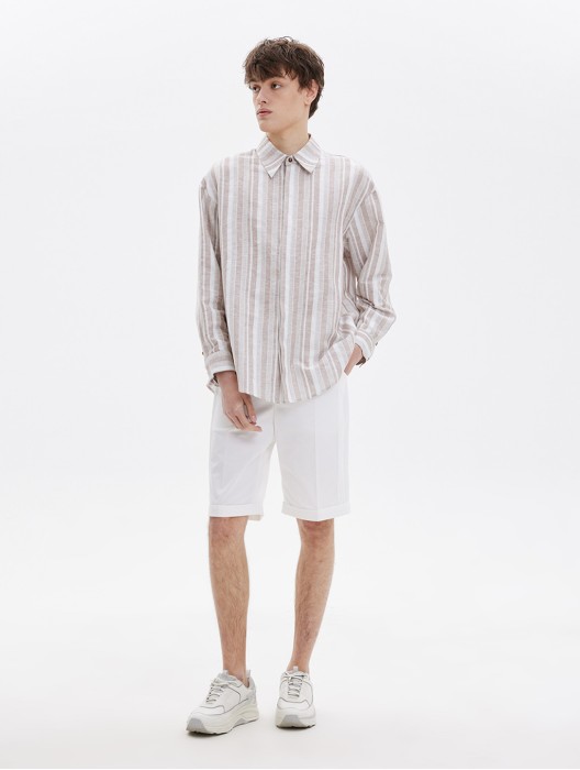 Straight Waist Cuffed Cotton Blend Shorts