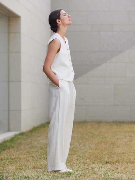 Button Front Linen Blend Vest & Pants Set Button Front Linen Blend Vest & Pants Set