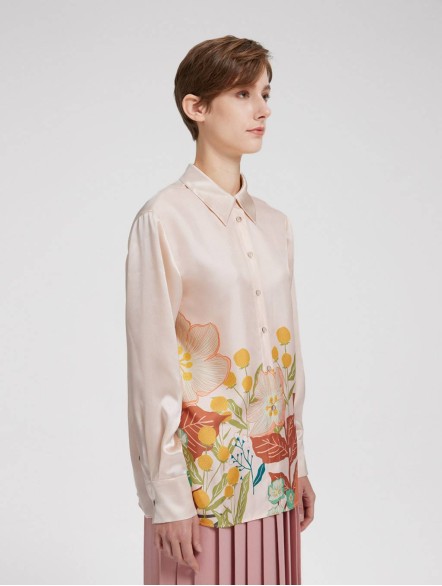 Floral Print Silk Gathered-waist Shirt Floral Print Silk Gathered-waist Shirt