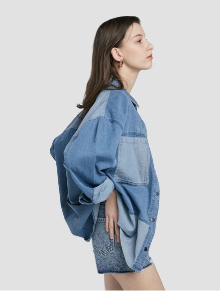 Patchwork Long-Sleeve Denim Shirt Patchwork Long-Sleeve Denim Shirt