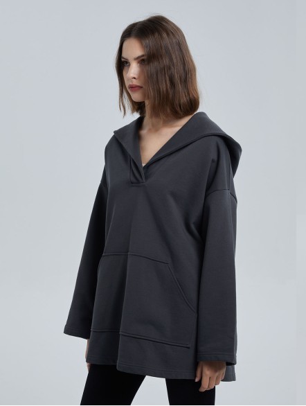 Cotton V-neck Boxy Hooded Sweatshirt Cotton V-neck Boxy Hooded Sweatshirt