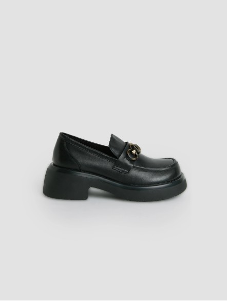 Leather Chunky Heel Metal Buckle Loafers Leather Chunky Heel Metal Buckle Loafers