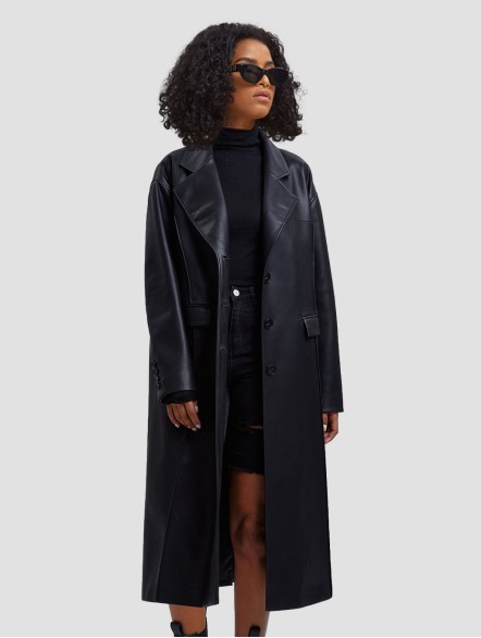 Faux Leather Coat with Pinched Pleats Faux Leather Coat with Pinched Pleats