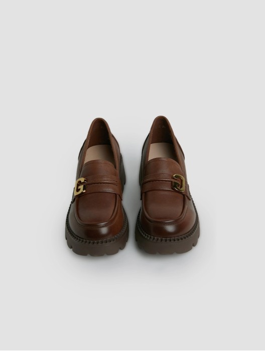 Metal Buckle Leather Platform Loafers